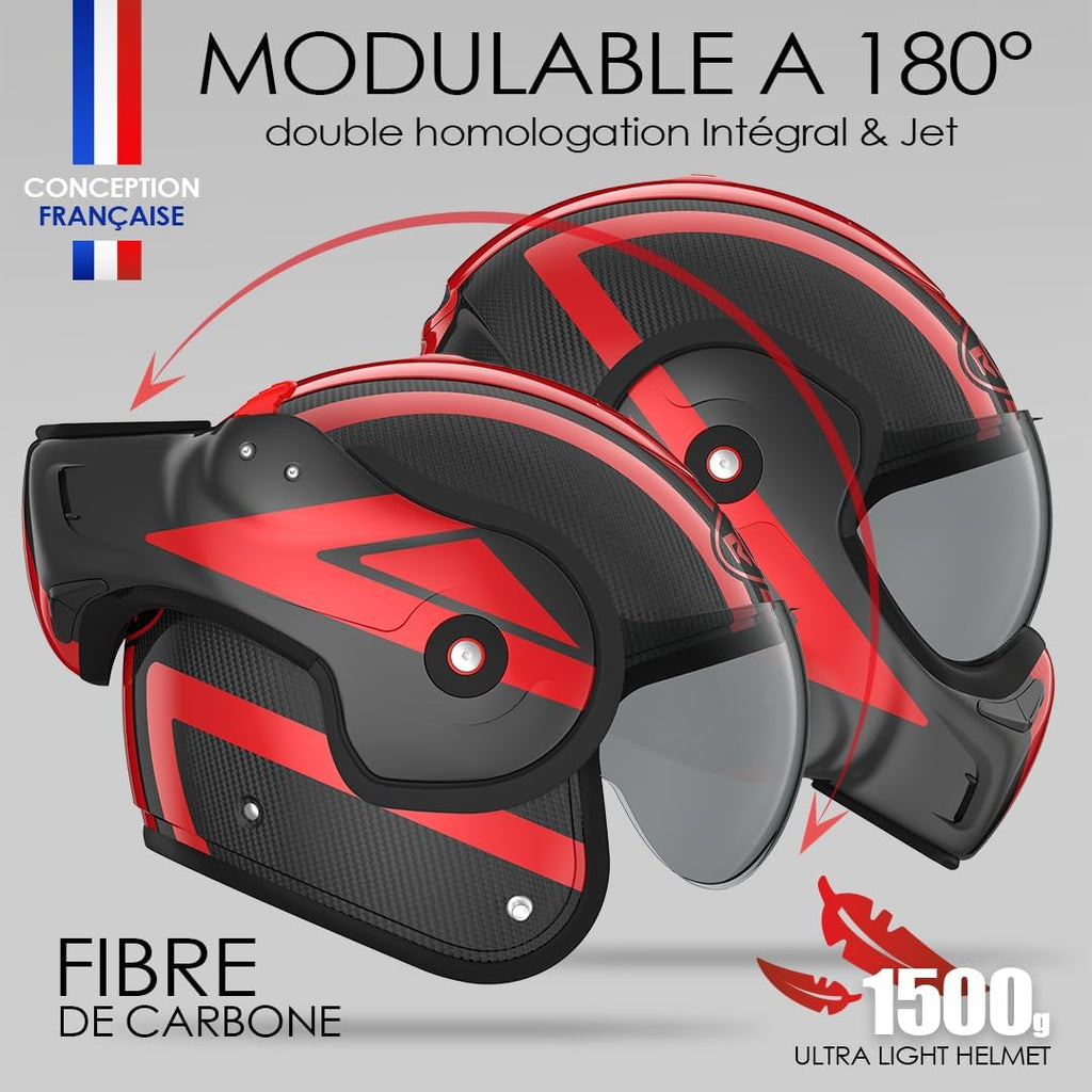 Casco ROOF Boxxer Carbon con doble homologación Jet/Integral - Color Dart Rojo - Casco de gama alta en fibra de carbono - Ultraligero - Apertura con una sola mano - Oferta directa de fábrica - Garantía de 4 años