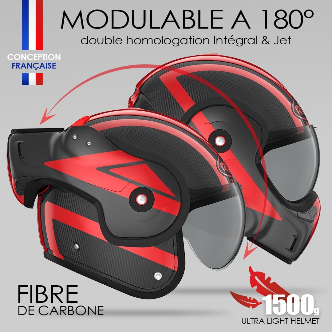 Casco ROOF Boxxer Carbon con doble homologación Jet/Integral - Color Dart Rojo - Casco de gama alta en fibra de carbono - Ultraligero - Apertura con una sola mano - Oferta directa de fábrica - Garantía de 4 años