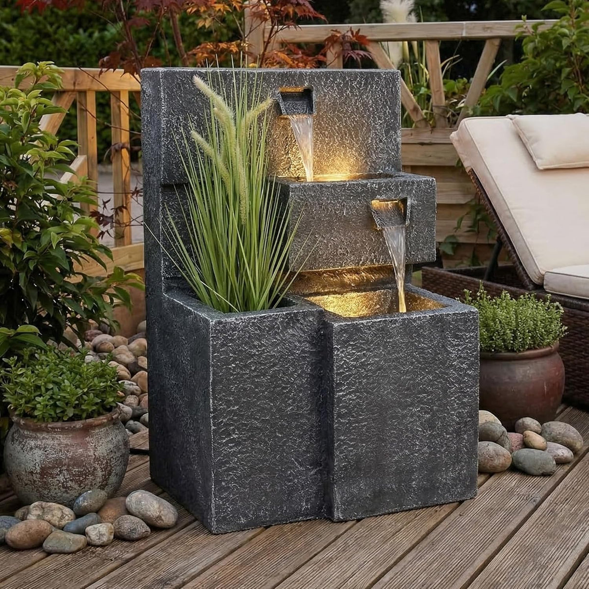 Fuente "Grada" plantable con iluminación LED, fuente de jardín en cascada, fuente de terraza