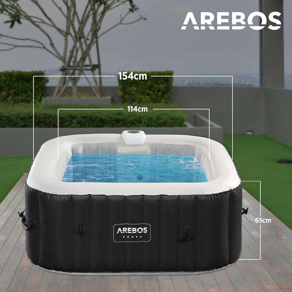 Jacuzzi Arebos | 154 x 154 cm | con iluminación LED | inflable | cuadrado | interior y exterior | 4 personas | 100 chorros de masaje | con calefacción | 600 L | incluye cubierta | Bubble Spa y masaje de bienestar