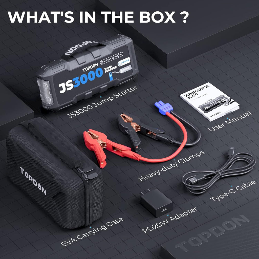 TOPDON Arrancador de batería, JS3000 Arrancador de coche 3000A/24000mAh para motores diésel de hasta 9 L y de gasolina de 7 L, carga rápida USB, linterna LED integrada