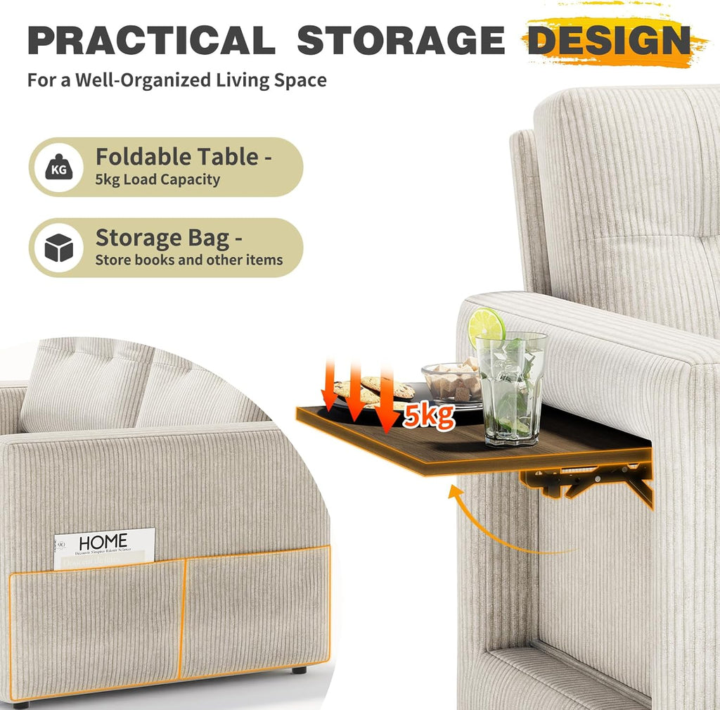 YOUDENOVA Sofá Cama 3 en 1, Sillón Cama multifuncional, Sofá reclinable con respaldo ajustable en 5 posiciones, Sofá cama para 2 personas con mesa y bolsillos laterales, Pana beige