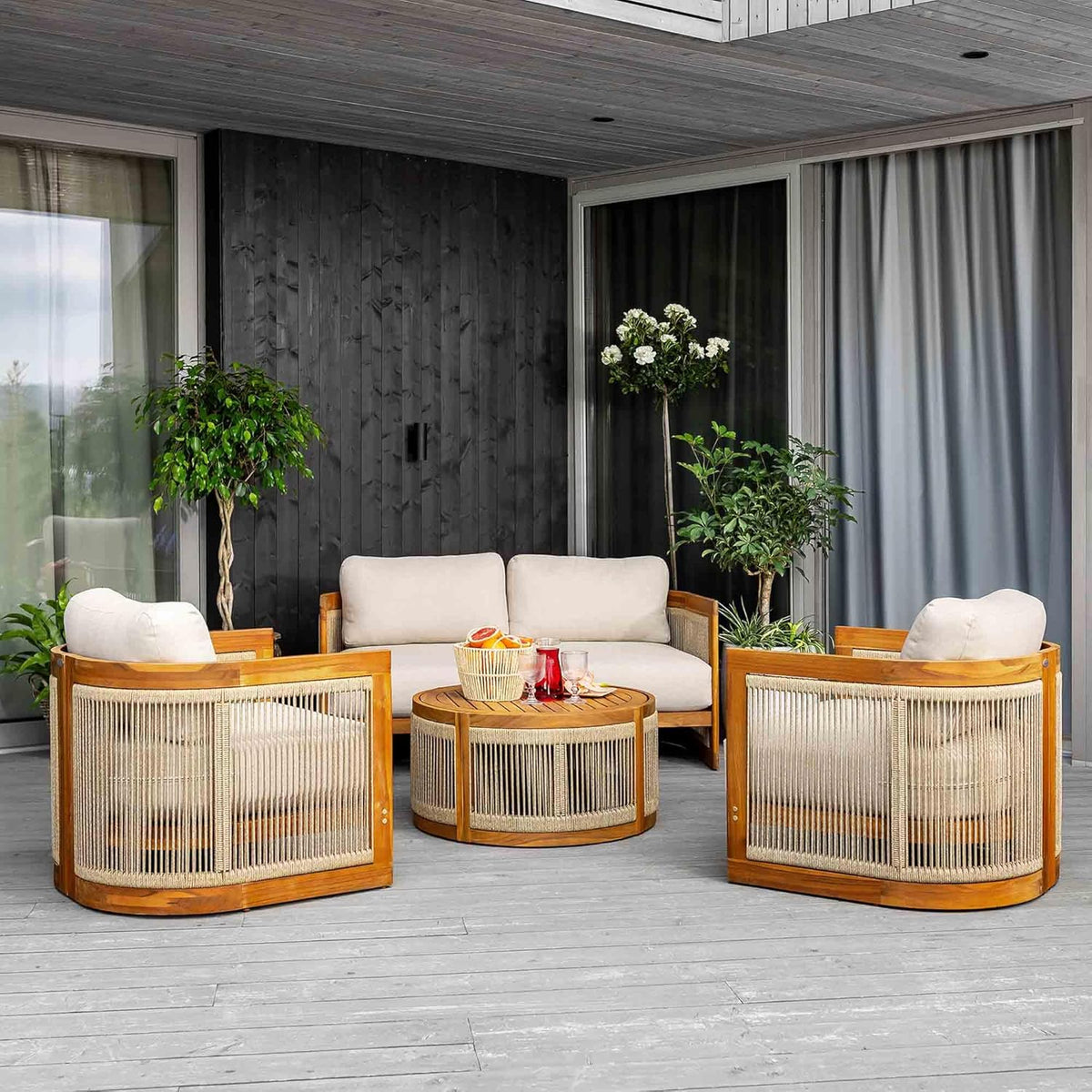 Set de muebles de jardín di volio Groseto – Conjunto de asientos de madera de acacia certificada: sofá doble, 2 sillones y mesa de centro, resistente a la intemperie y cómodo, set de salón para jardín, terraza y balcón (beige)