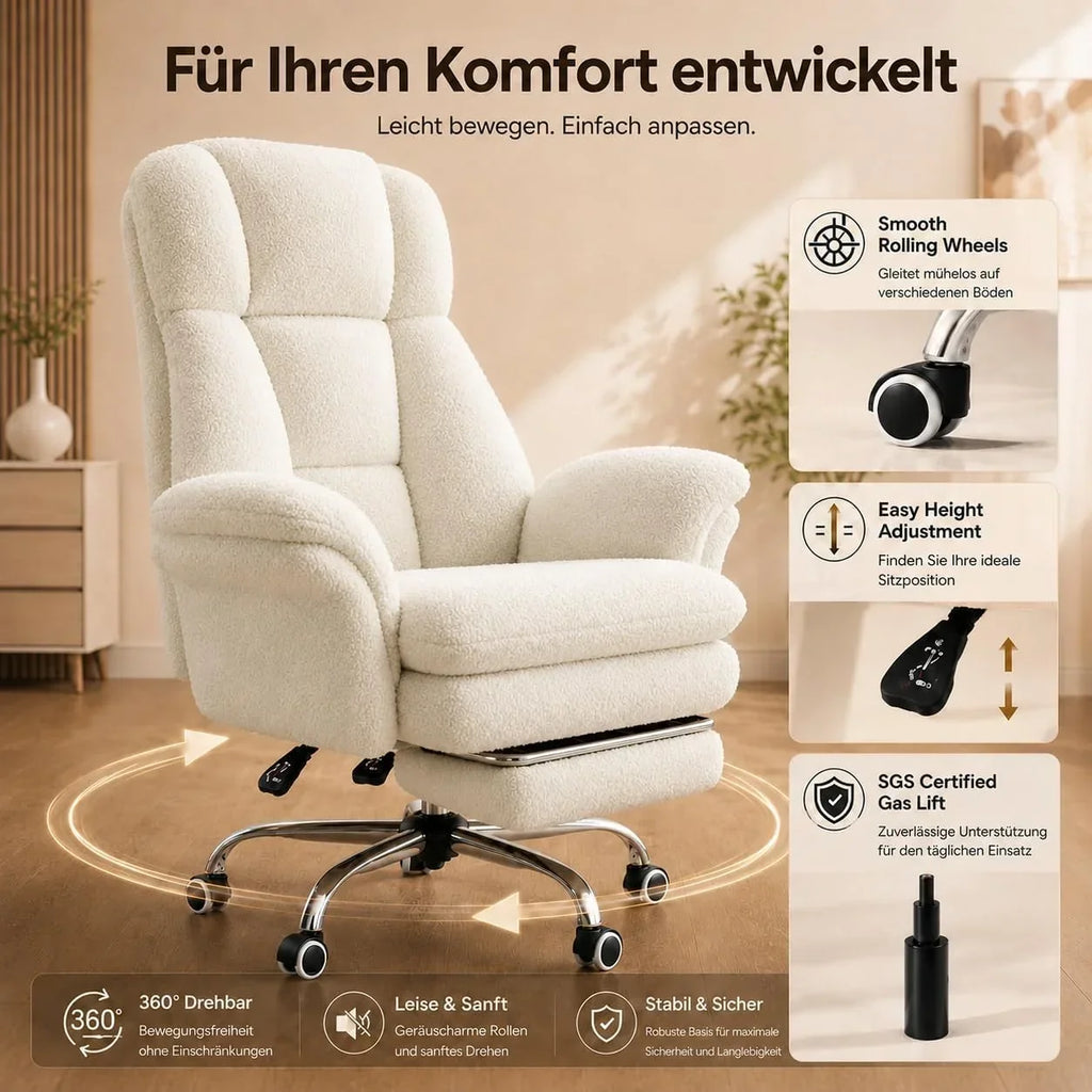 Silla de oficina con reposapiés modelo BGY01, silla giratoria de tela de peluche, respaldo ajustable a 135°, asiento extra ancho para oficina en casa