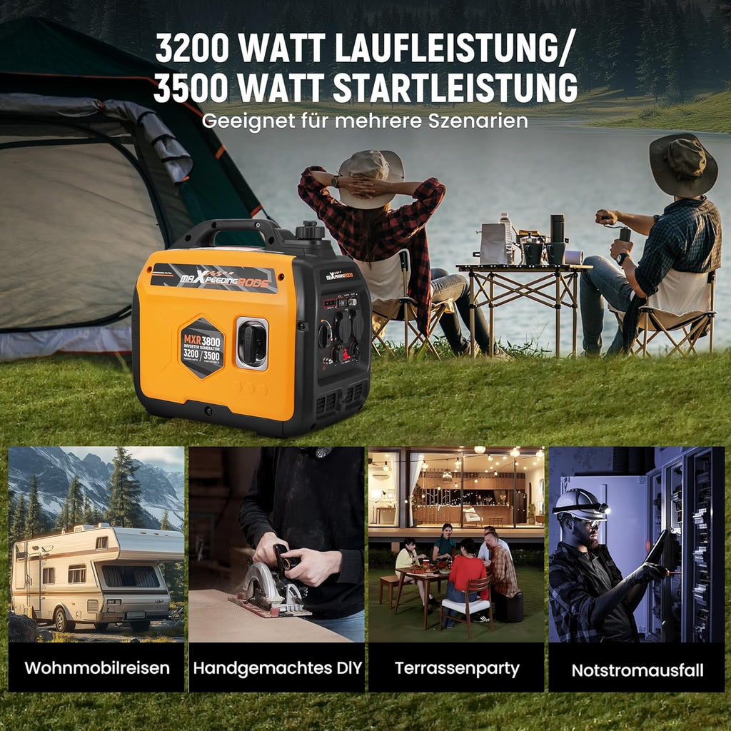 Generador inverter maXpeedingrods 3500W, super silencioso, ligero y portátil, generador de gasolina de emergencia, modo ECO con 2 enchufes de 230V / 2 USB / 1 de 12V CC para autocaravanas, camping, festivales y viajes