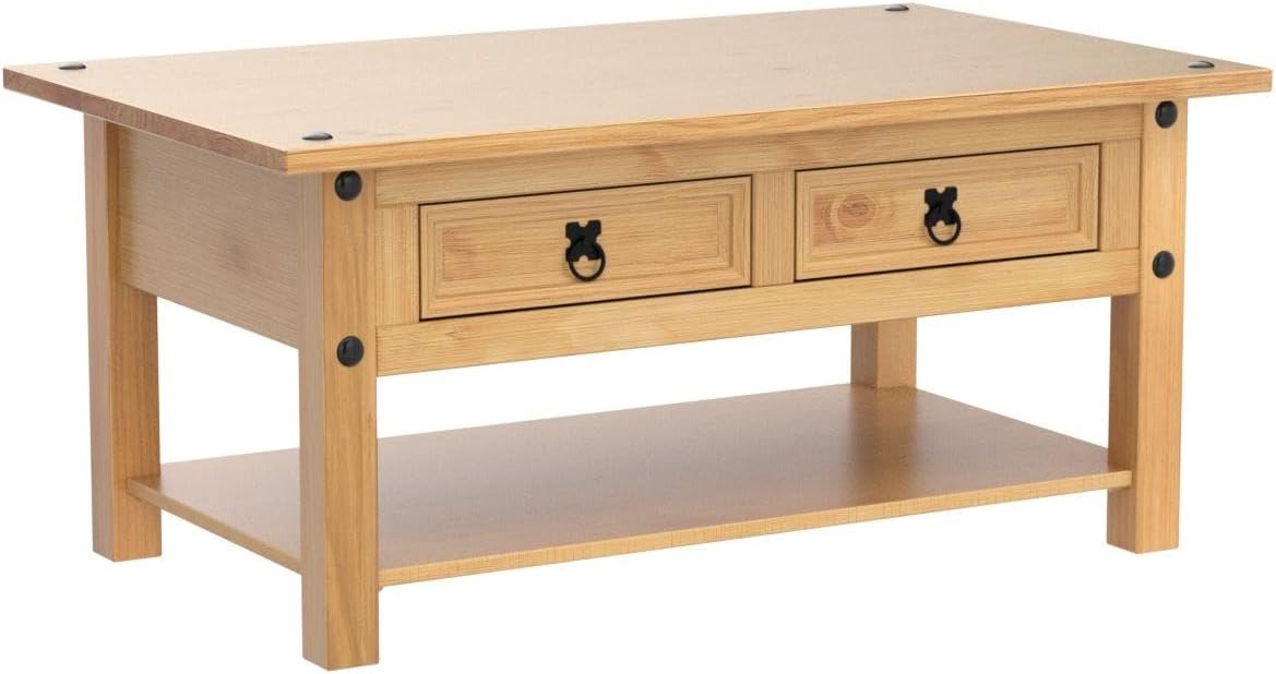 Mesa de centro Salsa de CARO-Möbel IDIMEX, madera maciza de pino, dos cajones y estante, natural