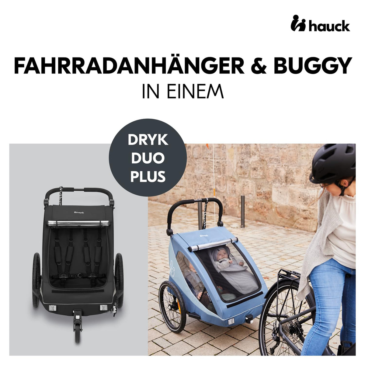 hauck Remolque de bicicleta y cochecito Dryk Duo Plus con suspensión, para 2 niños (6-48 meses), incluye barra de tiro, rueda de cochecito, bandera y luz LED, plegable, altura ajustable, maletero XL (verde oscuro)