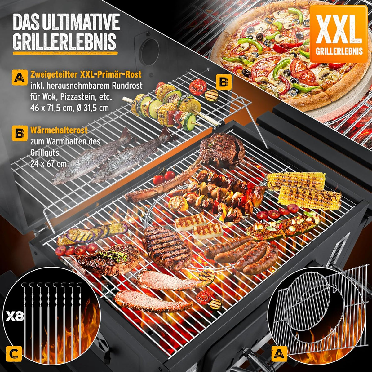 KESSER® Barbacoa Carrito BBQ Smoker XXL Parrilla de carbón con tapa, ruedas, asa de acero inoxidable, rejilla y termómetro, 8 brochetas con estuche y pincel de silicona, parrilla de pie, carrito de carbón