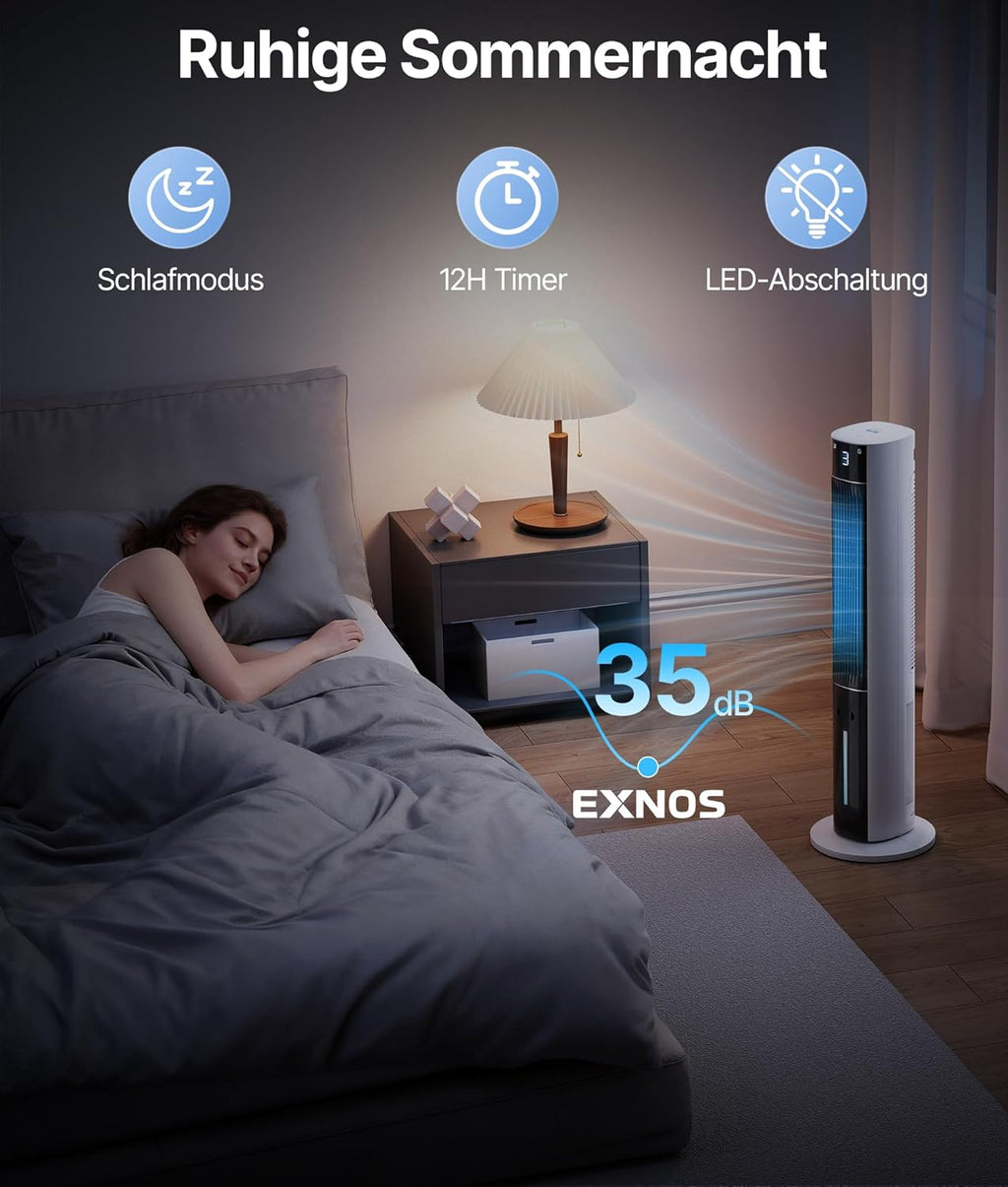 Ventilador de torre enfriador de aire con refrigeración por agua - Aire acondicionado portátil sin tubo de escape, ventilador con refrigeración silencioso, 3 modos-temporizador de 12 h-aroma-mando a distancia, para habitaciones y hogar