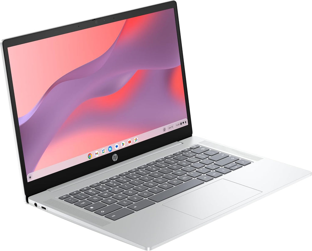 HP Chromebook 14a-nf0001sf Portátil 14" HD, PC Portátil (Intel Celeron N100, RAM 4 GB, Flash 128 GB, Intel Iris XE, Chrome OS), Ordenador Portátil Plata, Teclado AZERTY