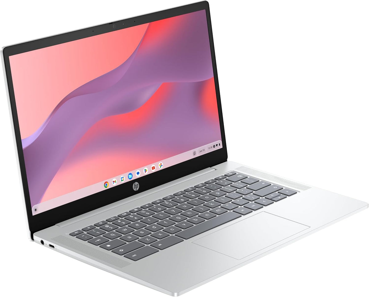 HP Chromebook 14a-nf0001sf Portátil 14" HD, PC Portátil (Intel Celeron N100, RAM 4 GB, Flash 128 GB, Intel Iris XE, Chrome OS), Ordenador Portátil Plata, Teclado AZERTY