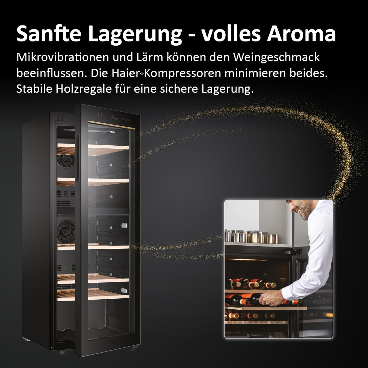 Vinoteca Haier SERIE 5 HWS79GDG I Bodega climatizada para 79 botellas I Nueva tecnología para un almacenamiento óptimo I Vinoteca de 2 zonas, puerta de cristal UV y 5 estantes de madera I Vinoteca de baja vibración