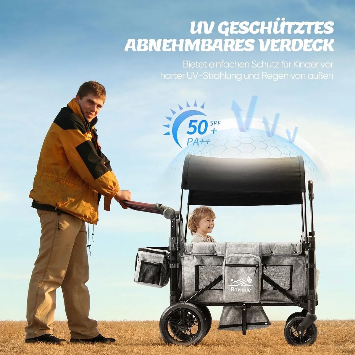 Carrito plegable RO-02 para 2 niños con techo, arnés de 5 puntos, ruedas de poliuretano, bandeja para aperitivos y estructura de aluminio, gris