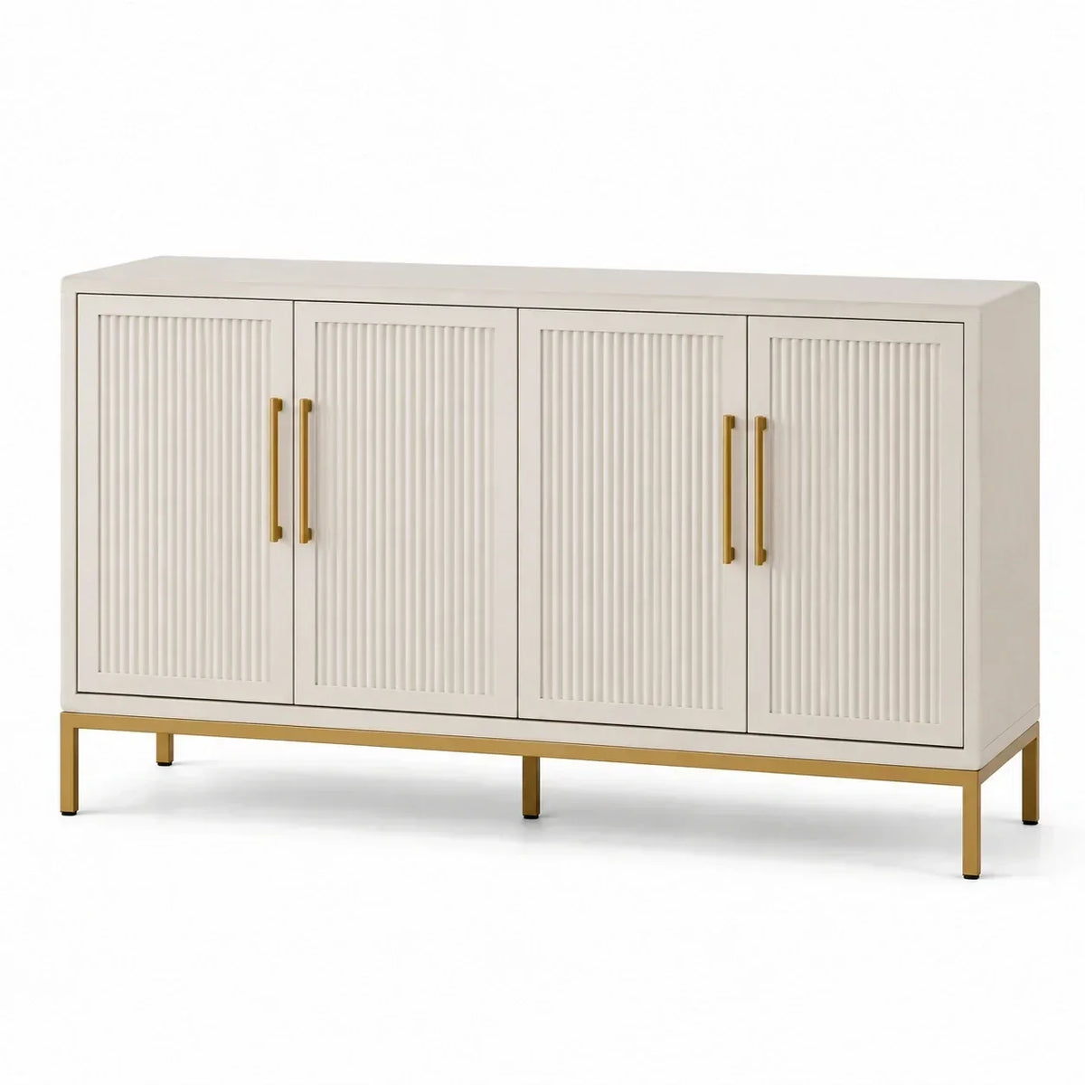 Aparador con 4 puertas estriadas, marfil y dorado, 160 × 40 × 85 cm