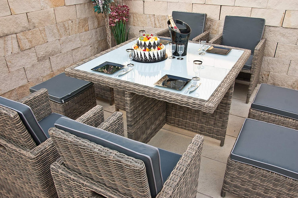Ragnarök PolyRattan - Marca ALEMANA - Producción PROPIA - 8 años de garantía - Muebles de jardín, conjunto de comedor, mesa, 4 sillas, taburetes, 12 cojines, gris, aluminio inoxidable, natural, comedor, cubo, cristal