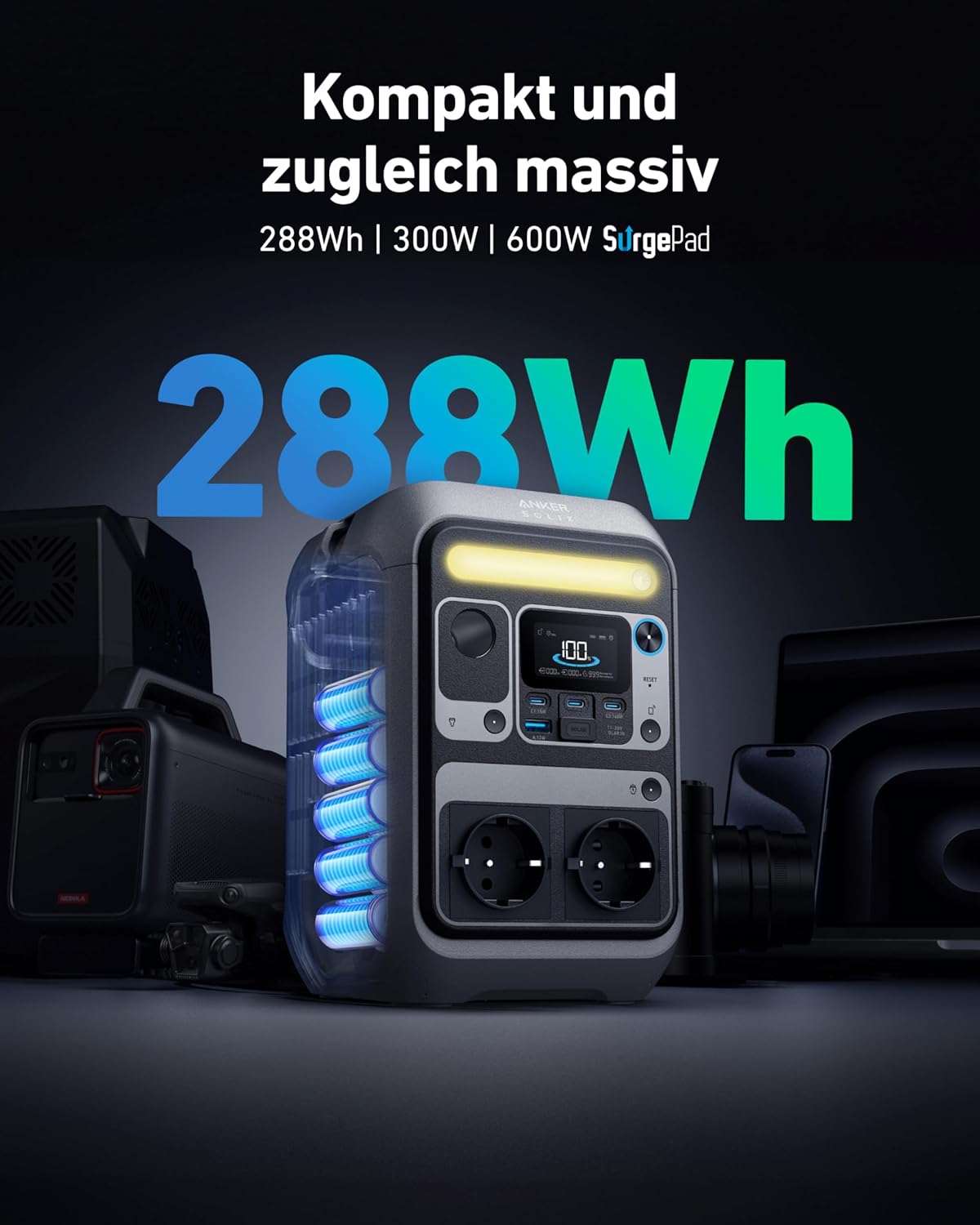 Anker SOLIX C300 Estación de energía, batería LiFePO4 de 288Wh, generador solar de 300W (pico de 600W) con funda protectora, carga rápida de 140W, estación de energía portátil para camping, viajes y emergencias (panel solar opcional)