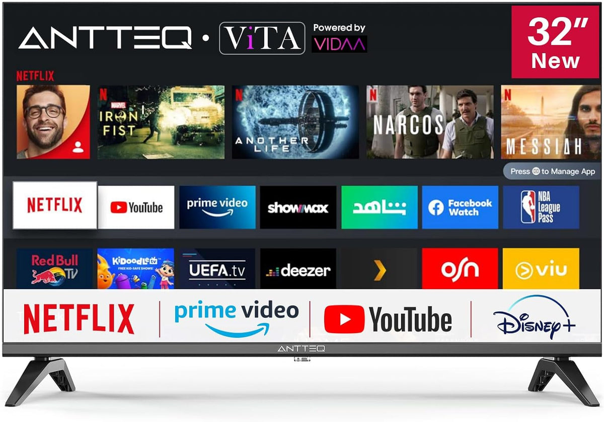 Antteq Vita Smart TV 32 pulgadas (80 cm), televisión con sistema operativo Vidaa, aplicación móvil, tienda de aplicaciones, compartir en TV, Netflix/DAZN/WiFi, HDMI, V32-AH3Q1L, 2025