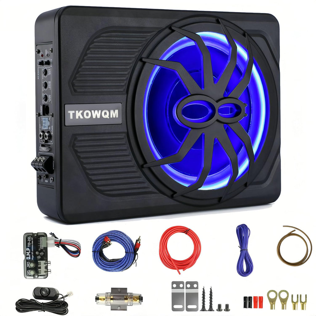TKOWQM Subwoofer para coche, subwoofer activo de 10 pulgadas y 800 W ultraplano para debajo del asiento, amplificador de audio integrado para coche/camión con luz ambiental LED azul