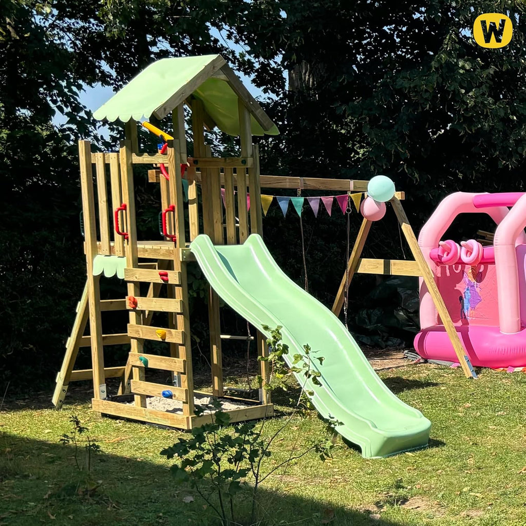 Torre de juegos Wickey MultiFlyer Light, columpio y tobogán verde pastel, torre de escalada infantil para exterior con arenero, escalera y accesorios de juego para el jardín