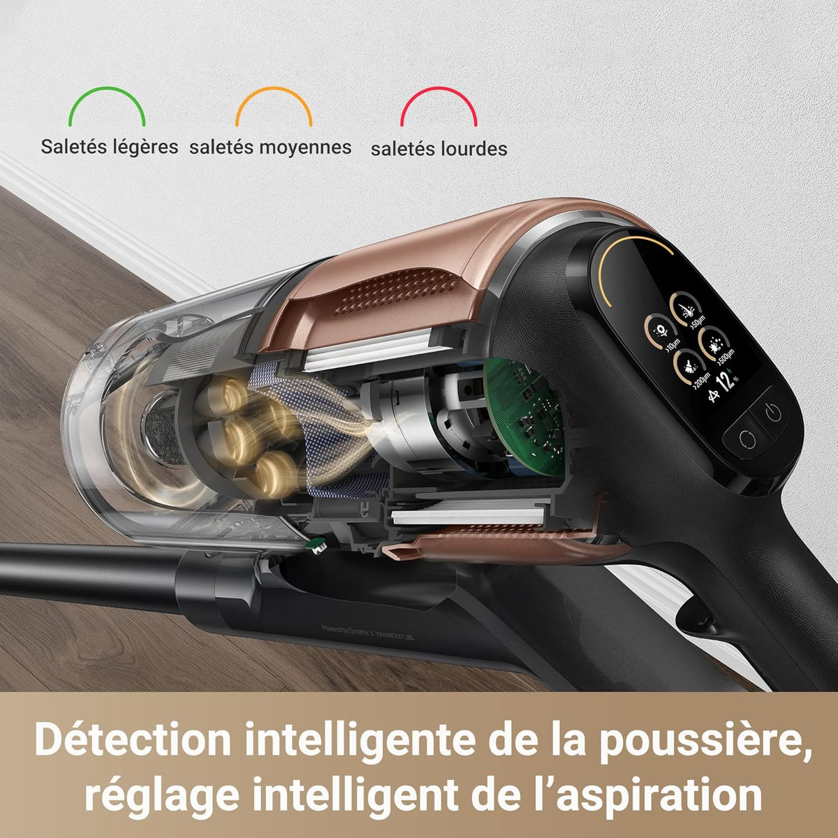 Aspiradora escoba sin cable Dreame Z20, 25 000 PA / 250 AW, motor de alta velocidad, autonomía de 90 min, 99,99 % de eficiencia de filtración, filtro HEPA H14, tecnología de detección de polvo