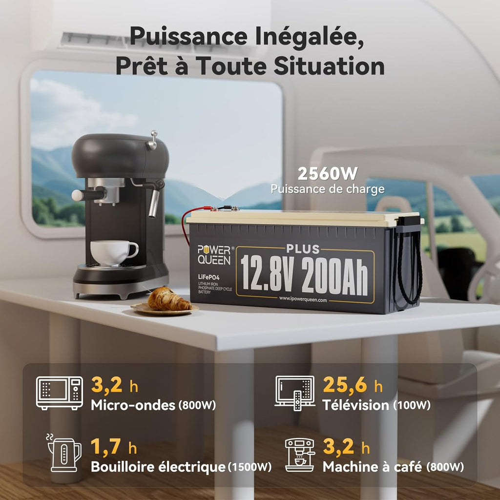 Batería de Litio Power Queen 12V 200Ah Plus, Batería LiFePO4 Recargable con BMS 200A, más de 4000 Ciclos, para Autocaravana, Energía Fuera de la Red, Furgoneta, Caravana…