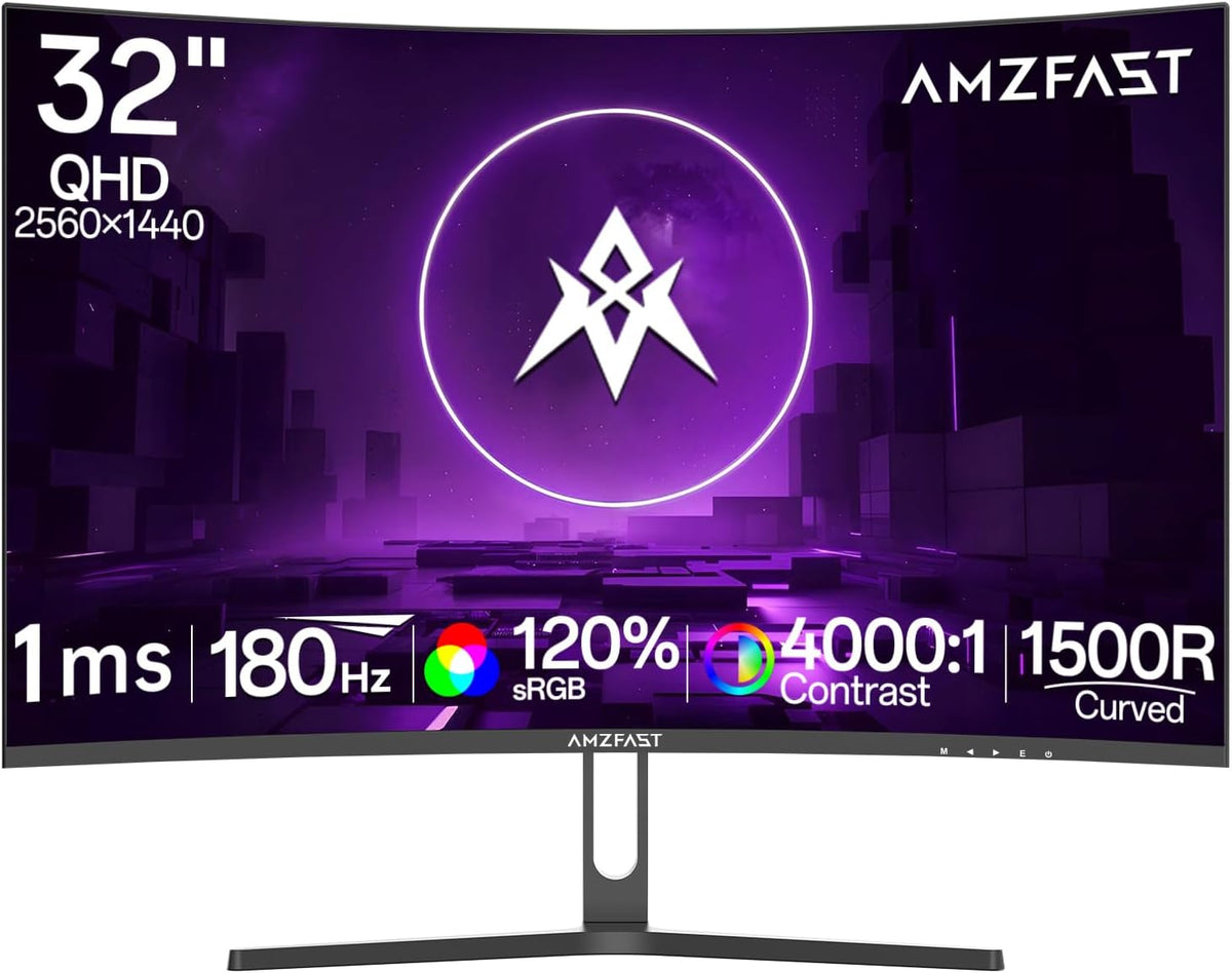 Monitor Gaming Curvo Amzfast de 32 pulgadas, QHD 2560x1440, 180Hz, 1 ms MPRT, 1500R, Adaptive Sync, luz azul reducida, sRGB 120%, HDR, HDMI 2.0/DP 1.2, VESA 75x75, AMZG32C3Q