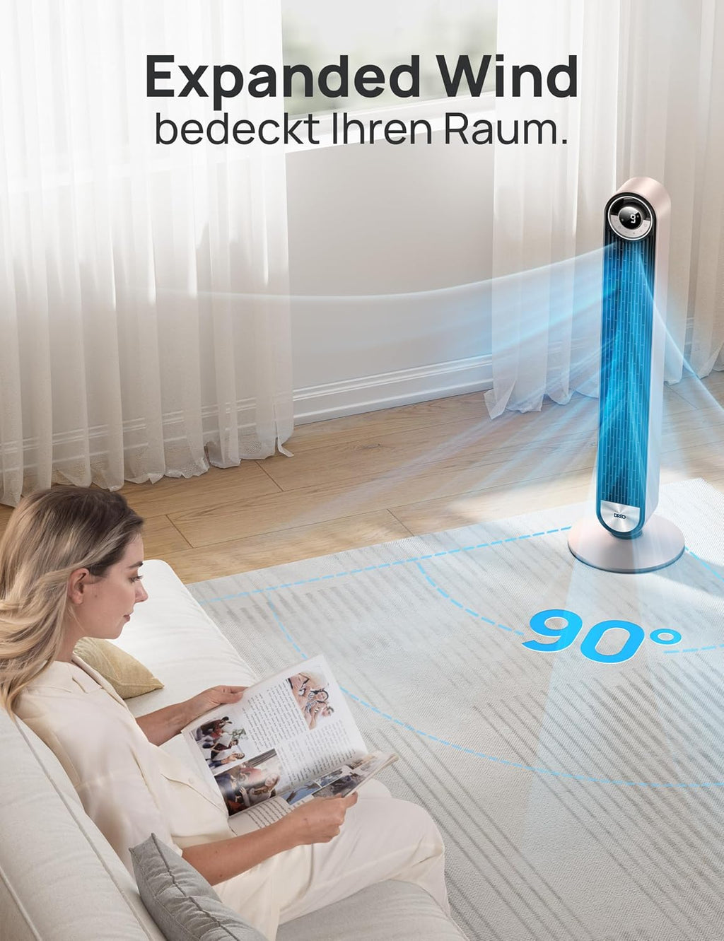 Ventilador de torre inteligente DREO silencioso de 25 dB con refrigeración, ventilador de torre WiFi de 106 cm compatible con Alexa, oscilación de 90°, mando a distancia, 9 velocidades, 4 modos, temporizador de 12 horas, control por voz, luz estelar