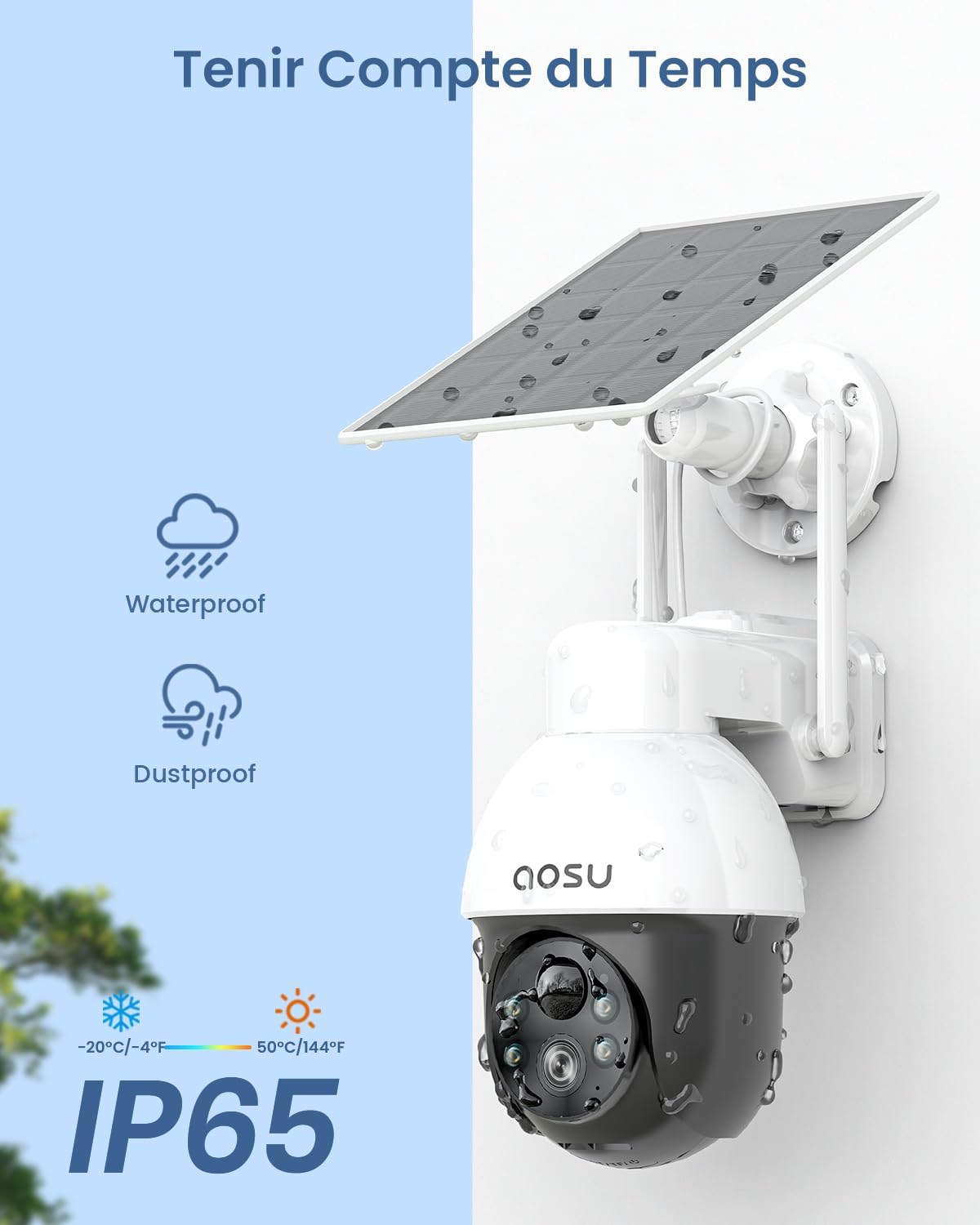 Cámara de vigilancia exterior aosu con panel solar, PTZ, seguimiento automático de personas, visión nocturna 2K, alarma sonora y luminosa, audio bidireccional, compatible con Alexa/Google