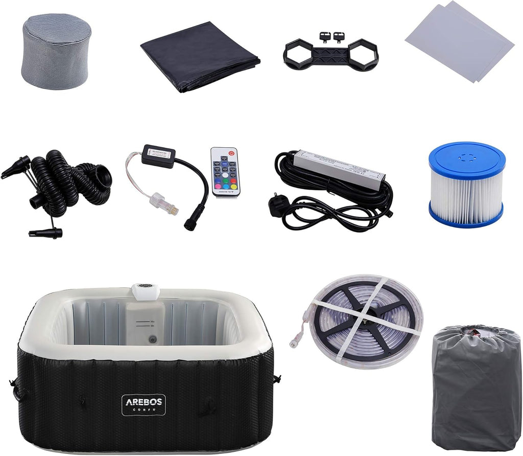 Jacuzzi Arebos | 154 x 154 cm | con iluminación LED | inflable | cuadrado | interior y exterior | 4 personas | 100 chorros de masaje | con calefacción | 600 L | incluye cubierta | Bubble Spa y masaje de bienestar