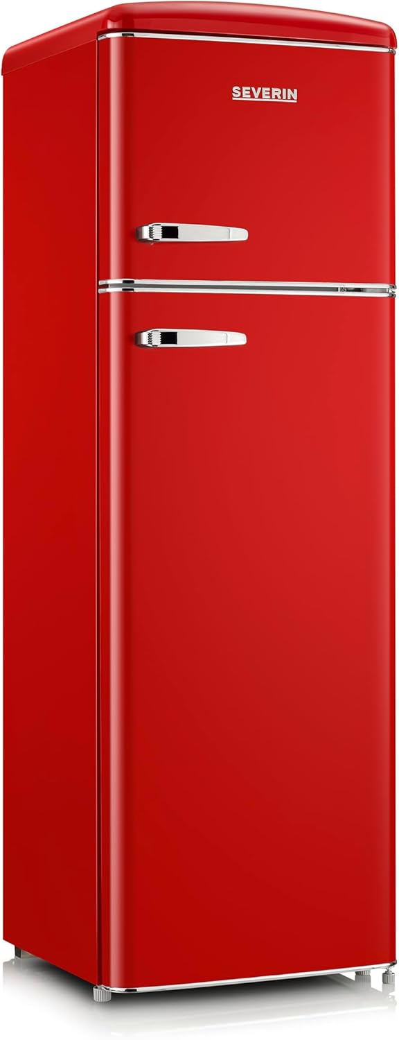SEVERIN Frigorífico con congelador de 2 puertas, de libre instalación, Frigorífico de doble puerta con congelador, 55 cm de ancho, 246 L, Clase D, Estilo retro, Rojo, RKG 8983